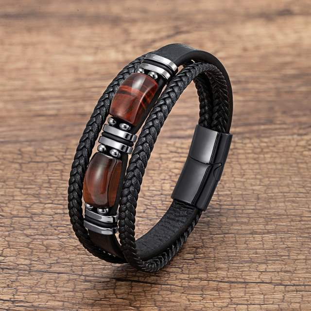 Tiger Eye Bracelet Men's multi-layer leather rope bracelet stainless steel magnet buckle hand jewelry