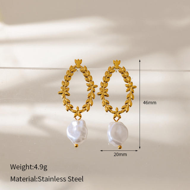 Natural leaf pearl bead unique stainless steel earrings