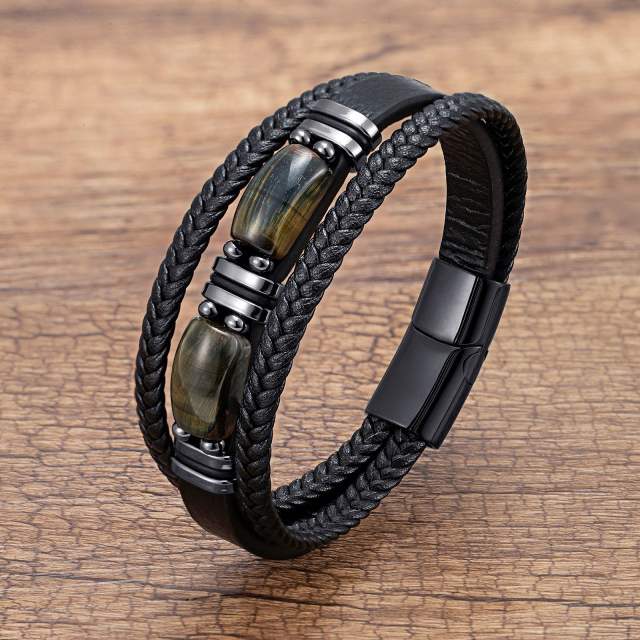 Tiger Eye Bracelet Men's multi-layer leather rope bracelet stainless steel magnet buckle hand jewelry
