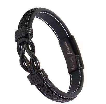 Father's day stainless steel leather bracelet lovemyson magnetic black twist stainless steel men's bracelet