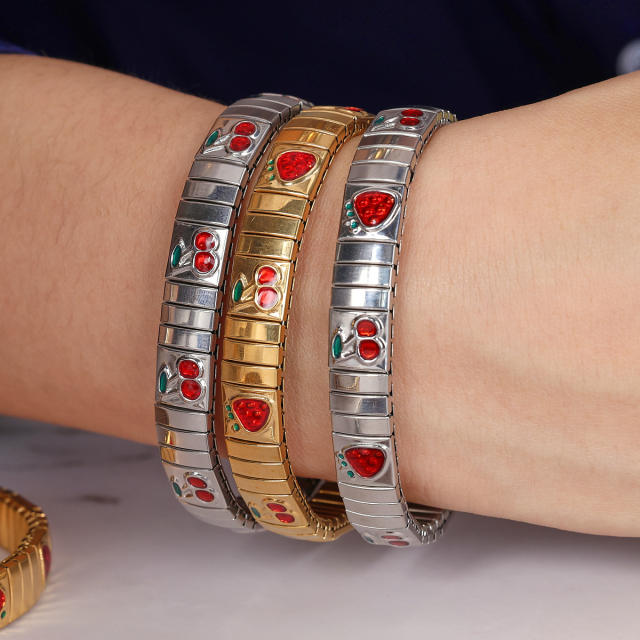 Cherry strawberry enamel stainless steel bracelet elastic bracelet