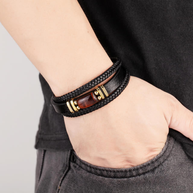 Popular men's Tiger Eye stone simple fashion bracelet stainless steel leather rope bracelet