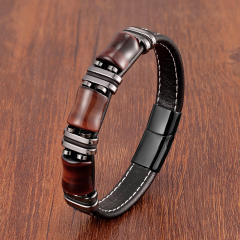 Stainless steel leather rope bracelet men's new Tiger Eye stone jewelry