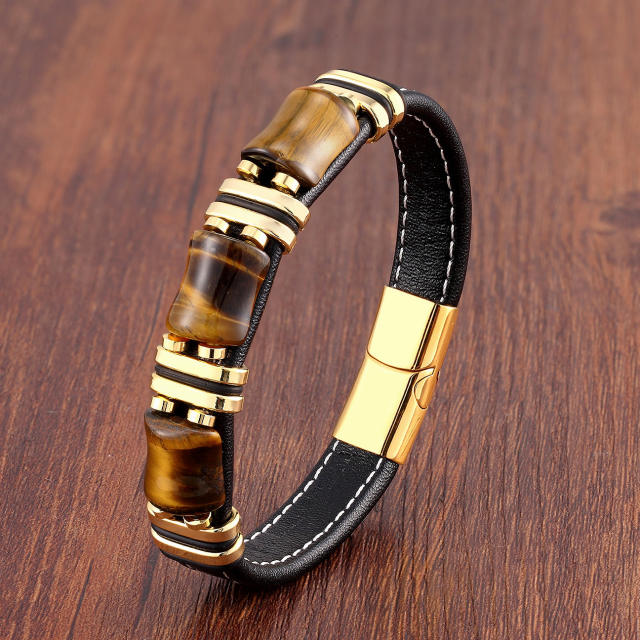 Stainless steel leather rope bracelet men's new Tiger Eye stone jewelry