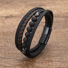 Stainless Steel Buckle Multi-layer Leather Rope Hand-woven Bracelet