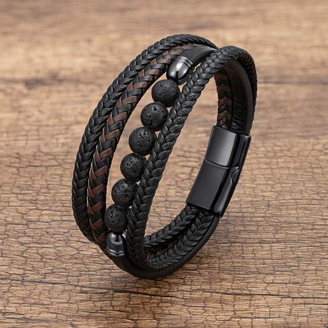 Stainless Steel Buckle Multi-layer Leather Rope Hand-woven Bracelet