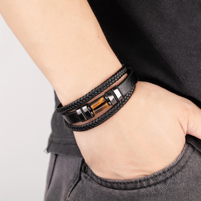 Vintage braided leather rope bracelet multi-layer stone bracelet stainless steel magnetic buckle men's fashion bracelet