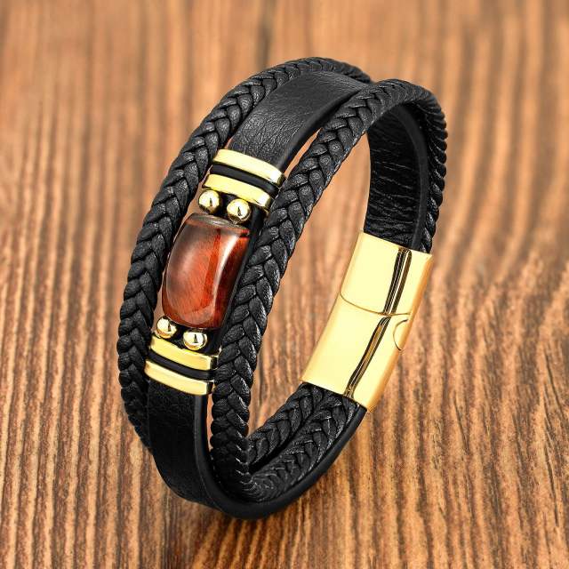 Popular men's Tiger Eye stone simple fashion bracelet stainless steel leather rope bracelet