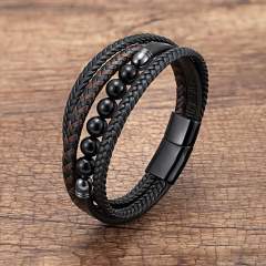 Stainless Steel Buckle Multi-layer Leather Rope Hand-woven Bracelet