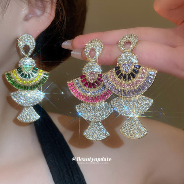 925 needle luxury diamond fan shape pendant earrings necklace suit