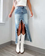 2025 high waist irregular rough denim skirt