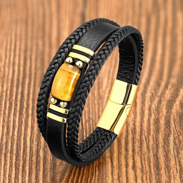 Popular men's Tiger Eye stone simple fashion bracelet stainless steel leather rope bracelet
