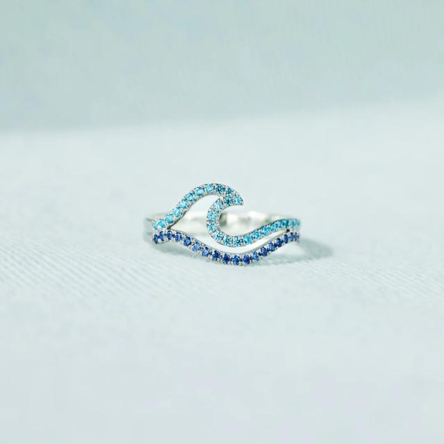 925 sterling silver double-layer wave pattern gradient blue ring