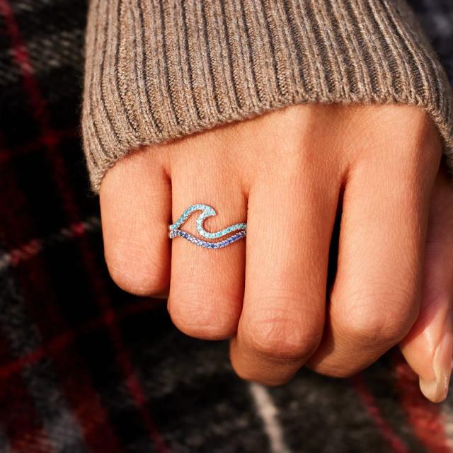 925 sterling silver double-layer wave pattern gradient blue ring