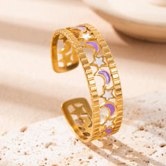 18KG hollow moon star stainless steel cuff bangle