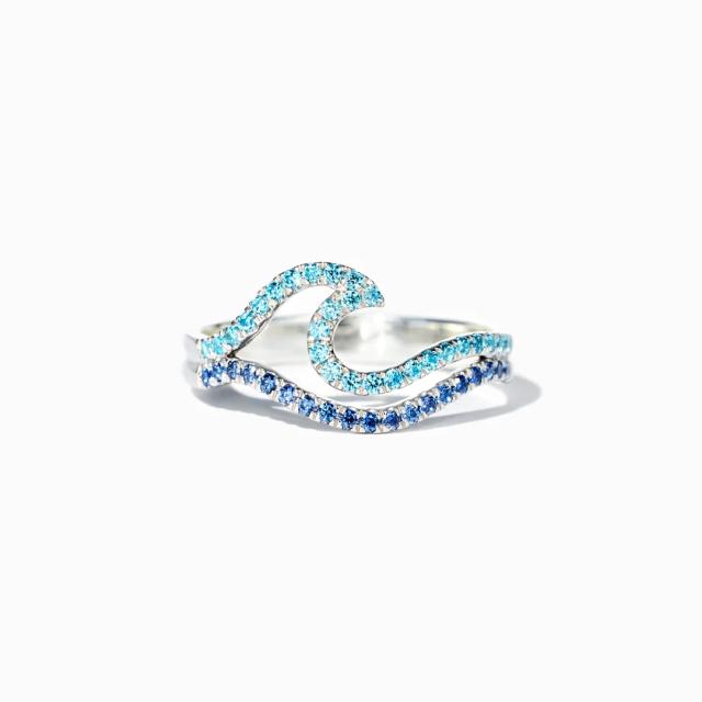 925 sterling silver double-layer wave pattern gradient blue ring