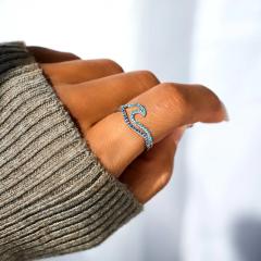 925 sterling silver double-layer wave pattern gradient blue ring