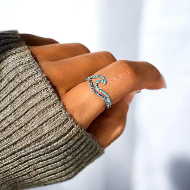 925 sterling silver double-layer wave pattern gradient blue ring