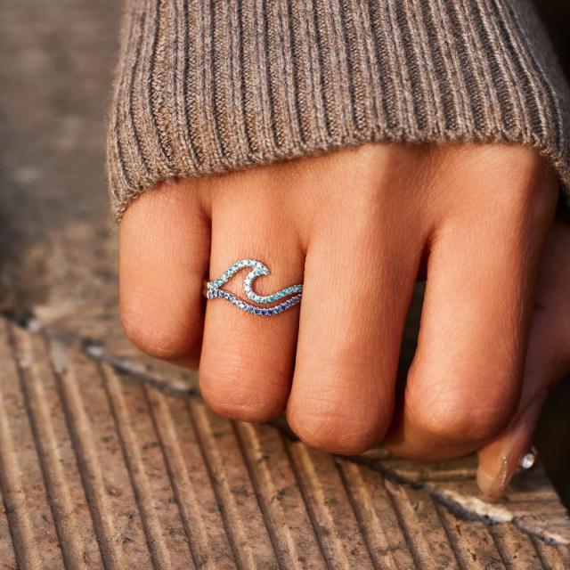 925 sterling silver double-layer wave pattern gradient blue ring