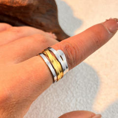 Simple mix color two tone geometric line stainless steel rings
