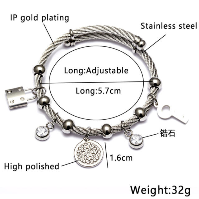 18KG padlock key diamond piece charm stainless steel bracelet bangle