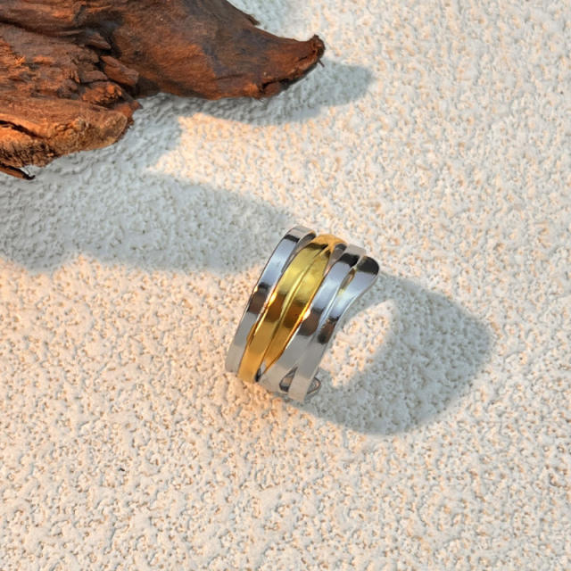 Simple mix color two tone geometric line stainless steel rings