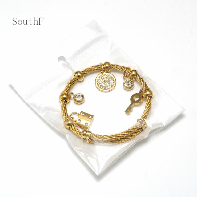 18KG padlock key diamond piece charm stainless steel bracelet bangle