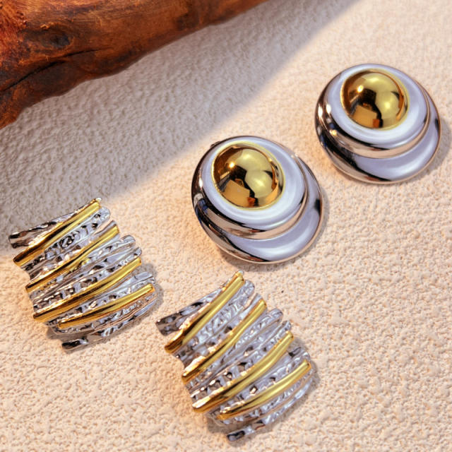 Unique big size stainless steel earrings two tone studs earrings