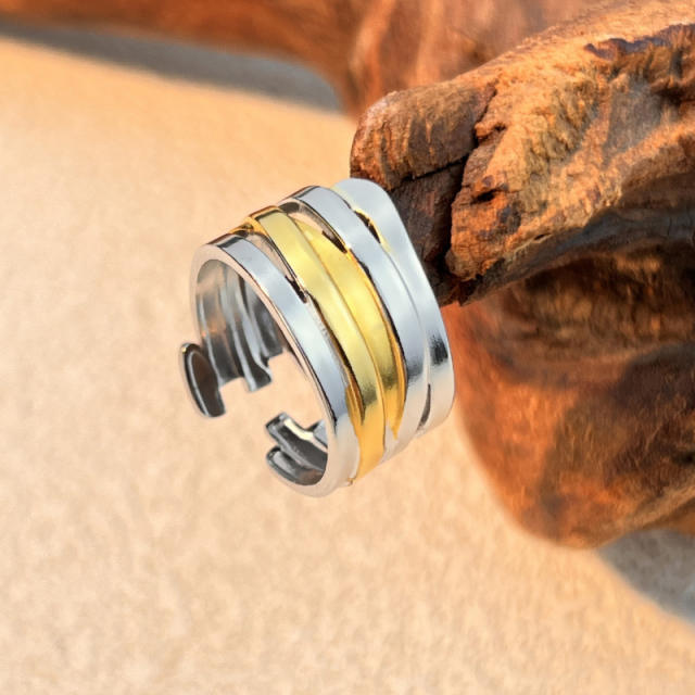Simple mix color two tone geometric line stainless steel rings