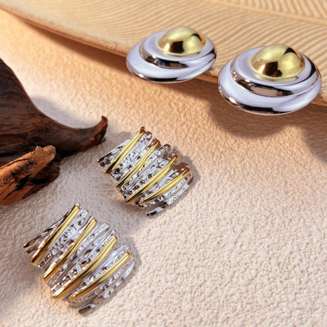 Unique big size stainless steel earrings two tone studs earrings