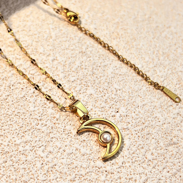 Simple hollow out star moon pendant stainless steel necklace