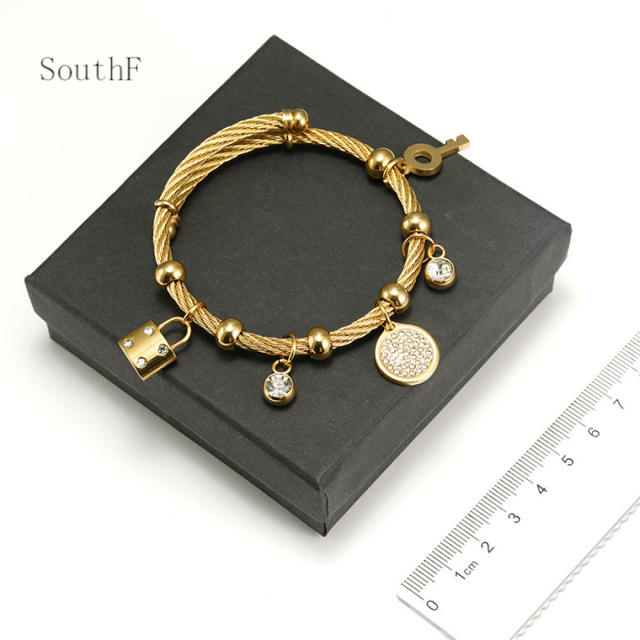 18KG padlock key diamond piece charm stainless steel bracelet bangle