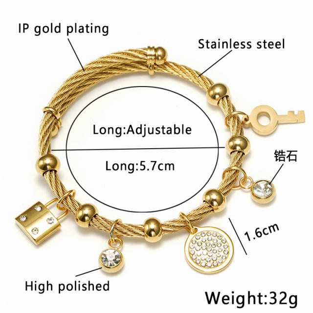 18KG padlock key diamond piece charm stainless steel bracelet bangle