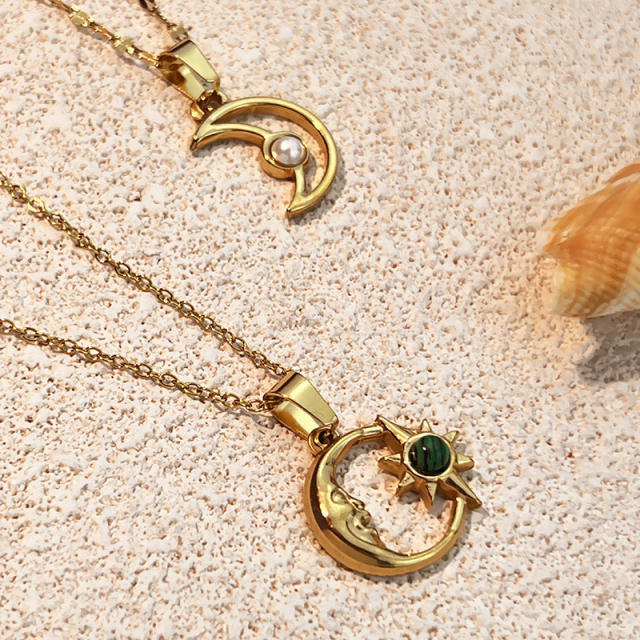 Simple hollow out star moon pendant stainless steel necklace