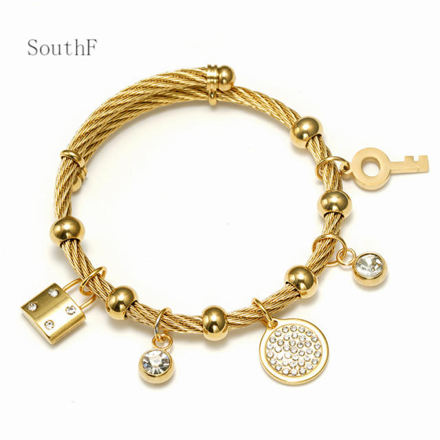 18KG padlock key diamond piece charm stainless steel bracelet bangle
