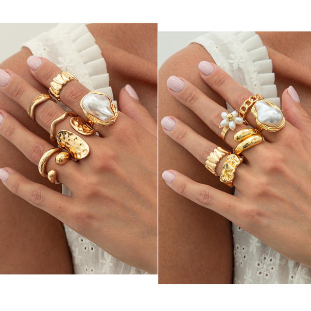 Baroque imitation pearl inlaid flower alloy rings set