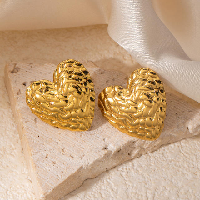 Holiday design gold color fold pattern leaf big stainless steel earrings