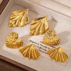 Holiday design gold color fold pattern leaf big stainless steel earrings