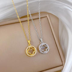 Delicate hollow clover diamond pendant stainless steel chain necklace
