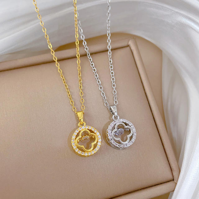 Delicate hollow clover diamond pendant stainless steel chain necklace