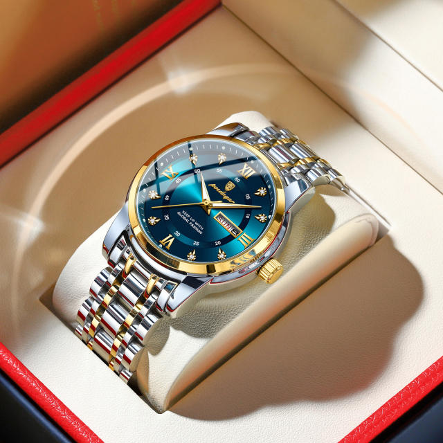 Wwaterproof new men's watch double calendar luminous quartz steel band watch