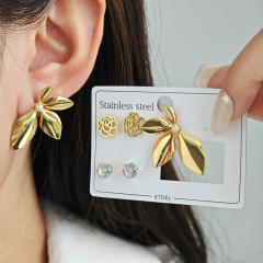 Hot sale camellia flower leaf stainless steel earrings set