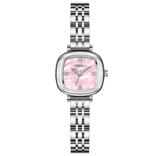Fashion waterproof white pink shell square quartz steel band watch for women