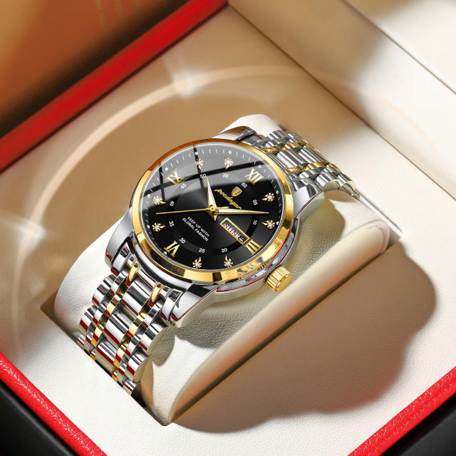Wwaterproof new men's watch double calendar luminous quartz steel band watch