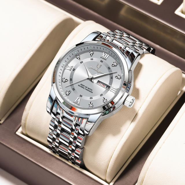 Wwaterproof new men's watch double calendar luminous quartz steel band watch