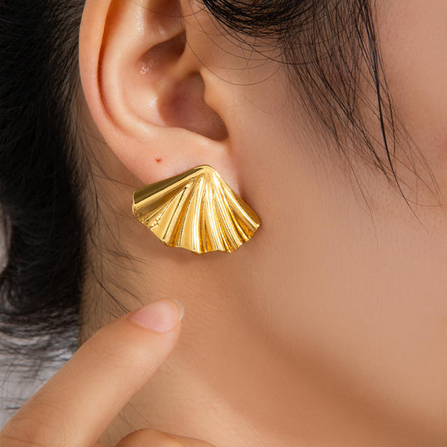 Holiday design gold color fold pattern leaf big stainless steel earrings