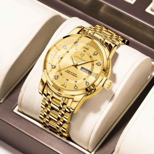 Wwaterproof new men's watch double calendar luminous quartz steel band watch