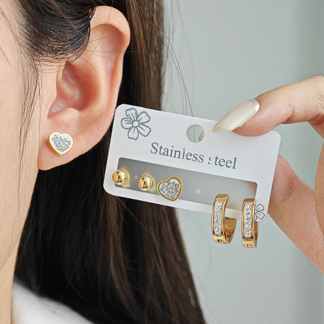 Concise ball bead heart stainless steel earrings set
