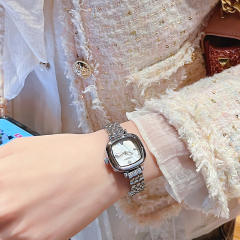 Fashion waterproof white pink shell square quartz steel band watch for women