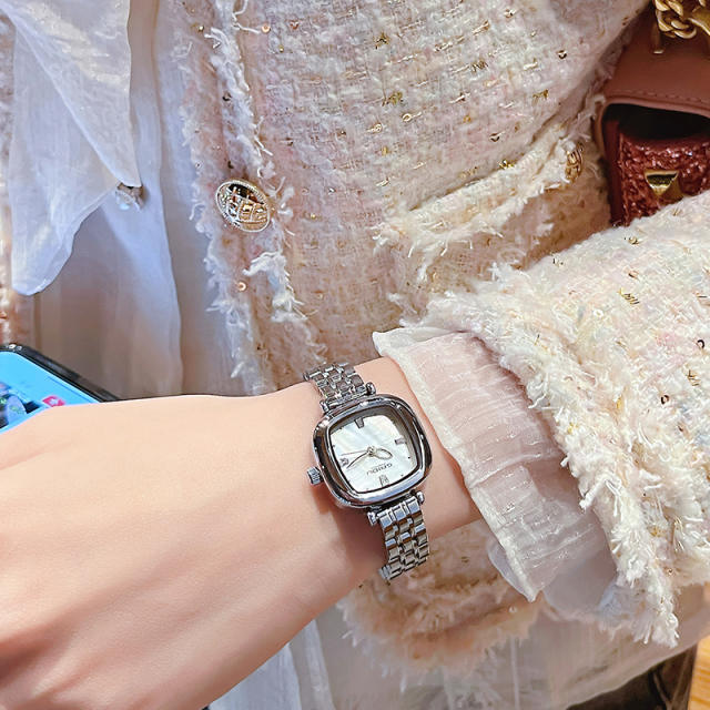 Fashion waterproof white pink shell square quartz steel band watch for women